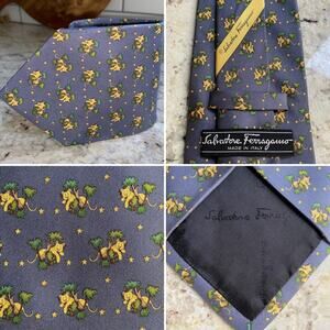 Salvatore Ferragamo $220 Grey Lion Lioness Print Silk Tie